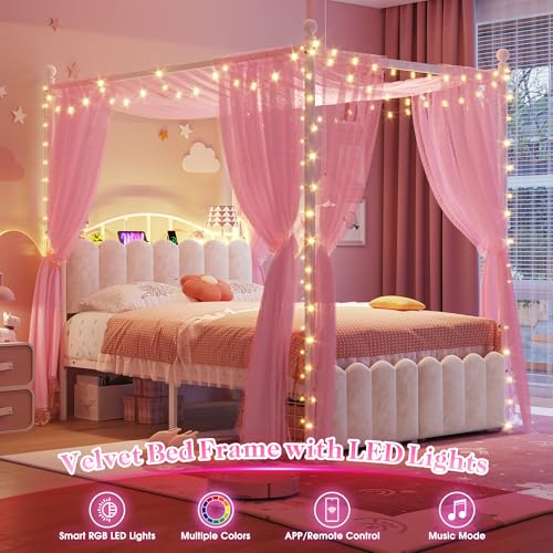 Full Canopy Bed Frame with 2 Drawers and LED & Charging,White, view 6