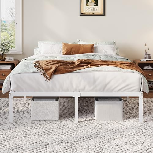 Full Size Bed Frame, 12 Inch Metal Beds with Storage Space, White, view 5