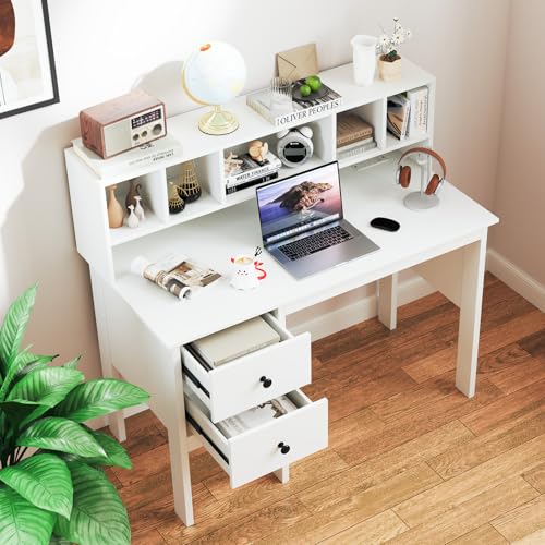 White Desk with Drawers & Hutch, Home Office Desk with Charging Station, view 5
