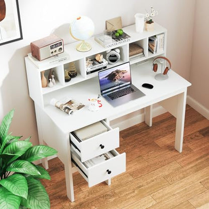 White Desk with Drawers & Hutch, Home Office Desk with Charging Station, view 5