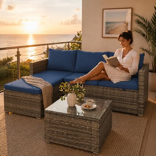Small Outdoor Sofa Patio Furniture Set with Detachable Cushions, 3 PCS Patio Sectional Sofa with Coffee Table & 5 Position Adjustable,PE Rattan Patio Conversation Set, Silver Rattan/Royal Blue