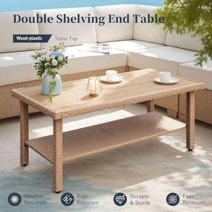 Patio Furniture Set 4 pcs, Wicker Rattan Sofa with 5.5” Thick Waterproof Cushions, 2 Chairs and Coffee Table, All Weather Outdoor Conversation Set for Backyard Deck, 5 Seats Beige