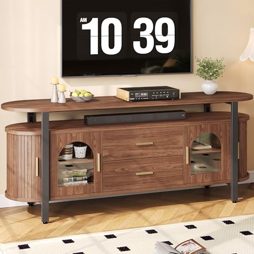 Mid-Century TV Stand for TVs up to 70, Entertainment Center with Storage Drawer and Sliding Door, Walnut TV Console for Living Room, Bedroom