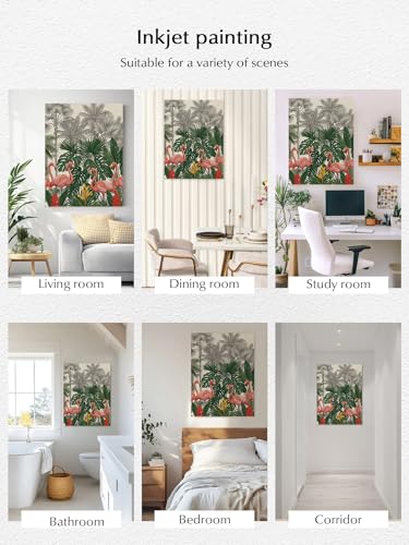 NuYeBiofx Summer Pink Flamingo Green Leaf Canvas Wall Art Prints,30"x20" Framed Picture Artwork Tropical Gray Tree Retro Linen Printed Canvas Oil Painting for Living Room Bedroom Office,Ready to Hang