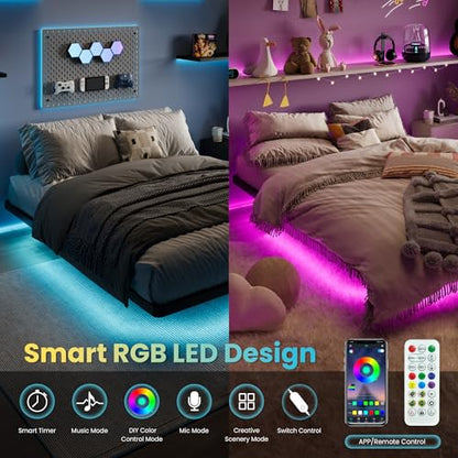 Black Floating Bed Frame with Smart Lights, view 4