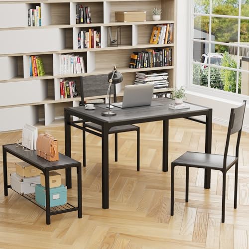 43.3" Dining Table Set for 4, Kitchen Table with Bench & 2 Chairs Modern Rectangular Metal Frame Dining Furniture Set for Small Space (Grey)