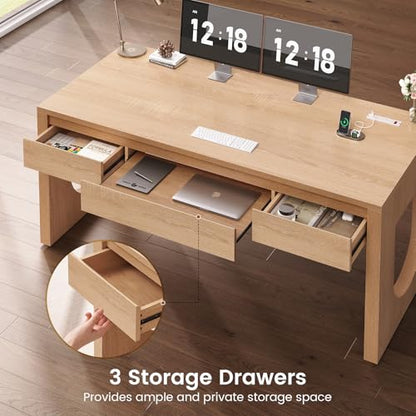 Modern Office Desk with 3 Drawers, 55" Executive Desk with U-Shaped Legs, Wood Computer Desk with Power Outlet, Home Office Desks with Relief Texture, Natrual