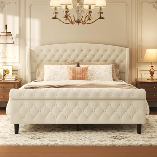 Queen Velvet Sleigh Bed Light Beige, view 4