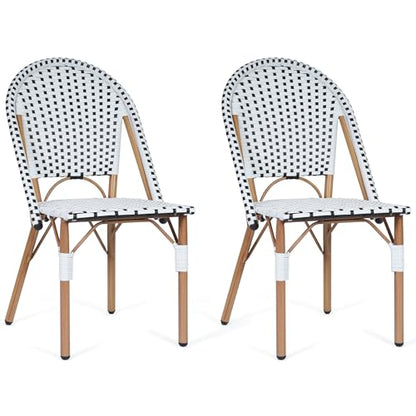 Patio French Chairs Set of 2, Outdoor Hand-Woven PE Wicker Armless Dining Chairs w/Metal Frame, Rattan Bistro Chairs for Front Porch Garden Deck Balcony Poolside, White/Black