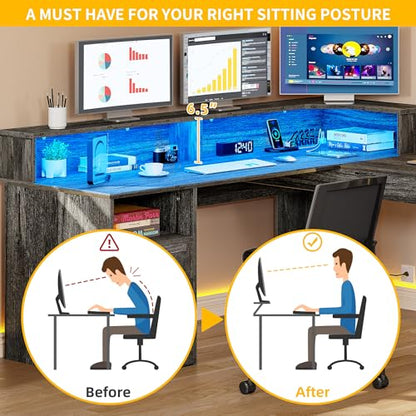 L Shaped Desk with Drawers, 60" Corner Computer Desk with Power Outlets & Lift Top, Home Office Desk with Storage Cabinet & LED Lights, Wood Desk, Height Adjustable Desk, Grey
