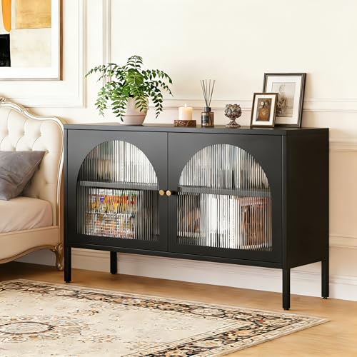 Metal Locker TV Stand, Accent Storage Cabinet with 2 Acrylic Doors, Low Hallway Cabinet with Adjustable Shelf, Sideboard for Home,Office,Entryway,Dining/Living Room,Bedroom,Black