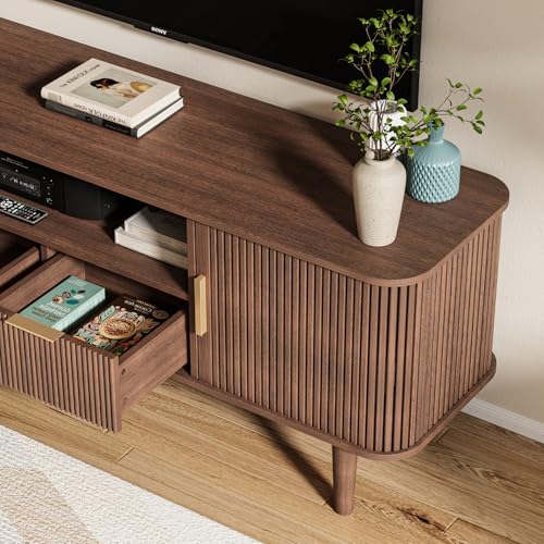 62" Mid Century Modern Fluted TV Stand, Tambour Doors, view 6