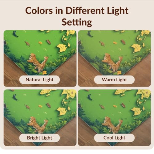 Design&I 6'x9' Green Tropical World Map Adventure Washable Area Rug | Explore Exotic Animals in an Educational Layout for Queen Size Bedroom, Under Bed, Sleek Flatweave Pet Friendly
