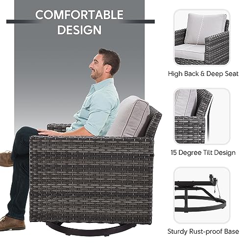 5 Piece Wicker Patio Furniture Set - Outdoor Swivel Rocker Chairs Set with 3 Seat Sofa and Ottomans, Small Patio Conversation Sets Proch Furniture for Balcony Deck - Grey/Beige