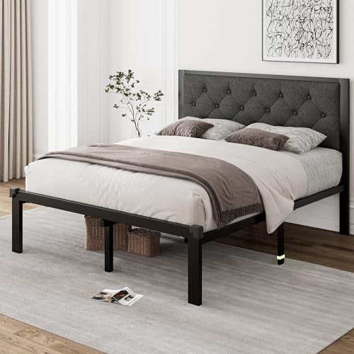 Full Size Metal Bed Frame, Linen Platform Bed Frame with Button Tufted Headboard, view 4