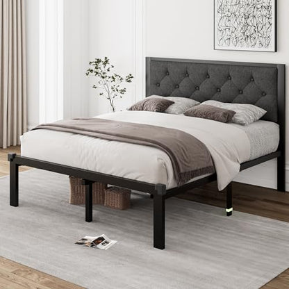 Full Size Metal Bed Frame, Linen Platform Bed Frame with Button Tufted Headboard, view 4