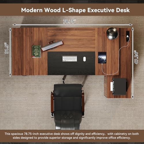 Executive L-Shaped Desk with Storage Cabinet 78-Inch, Brown Black, view 4