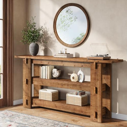 63-Inch Solid Wood Console Table, Farmhouse Sofa Table Behind Couch with Storage Shelves, Entryway Furniture for Living Room, Hallway, Foyer, Rustic Brown