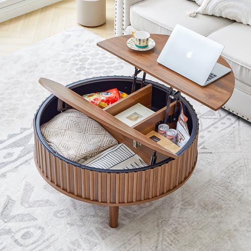 Round Lift Top Coffee Table with Storage, Fluted Mid Century Modern Coffee Tables, Small Space,31.5" Wooden Center Table for Living Room, Apartment, Office (Walnut)