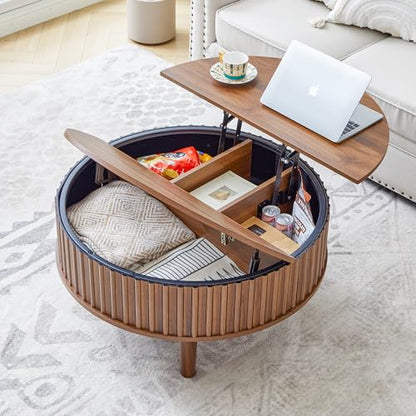 Round Lift Top Coffee Table with Storage, Fluted Mid Century Modern Coffee Tables, Small Space,31.5" Wooden Center Table for Living Room, Apartment, Office (Walnut)