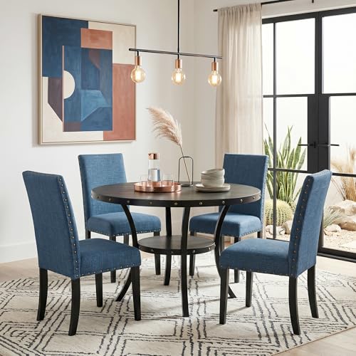 Collection Biony Espresso Wood Dining Set with Blue Fabric Nailhead Chairs