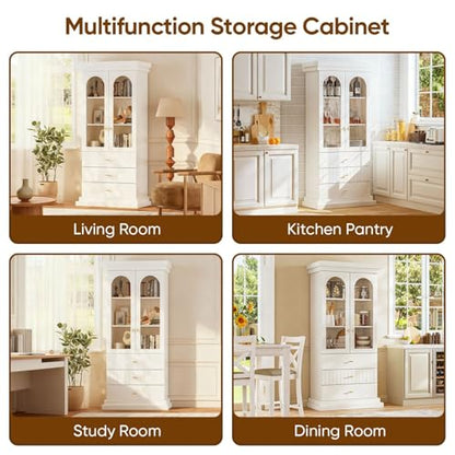 White arched kitchen pantry cabinet with gold handles, dual glass doors and open shelves, view 8