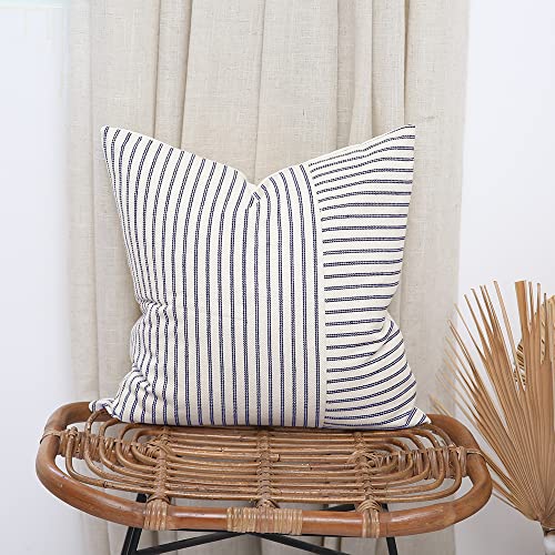 Navy Blue and Beige Patchwork Farmhouse Throw Pillow Covers 18 x 18 Inch, Pack of 2 Striped Linen Decorative Pillow Case for Sofa Couch Chair Bedroom Modern Decor(Navy Blue)