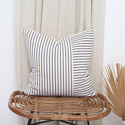 Navy Blue and Beige Patchwork Farmhouse Throw Pillow Covers 18 x 18 Inch, Pack of 2 Striped Linen Decorative Pillow Case for Sofa Couch Chair Bedroom Modern Decor(Navy Blue)