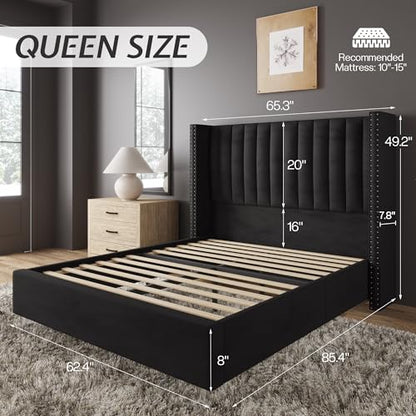 Queen Size Bed Frame Velvet Upholstered Wingback Headboard, Black, view 4