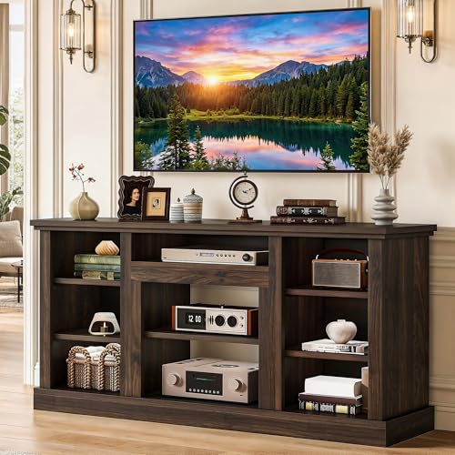 Farmhouse TV Stand with Adjustable Shelves & Open Storage, Walnut, view 2