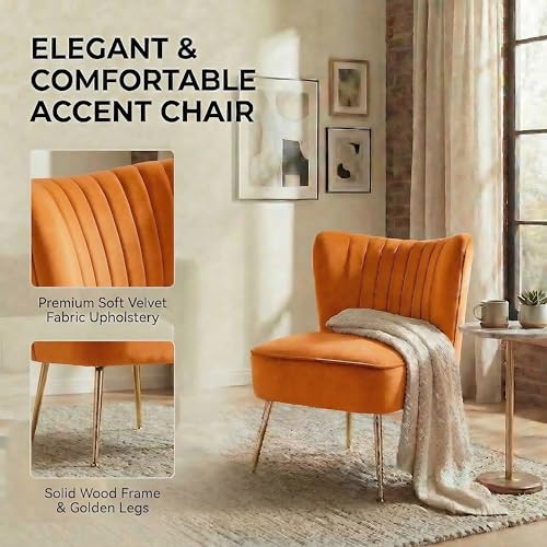 Modern Accent Chair Set of 2 Velvet Slipper Chair with Gold Legs Wingback Side Chair for Living Room Bedroom Entryway Small Corner Chair for Space Saving, Orange