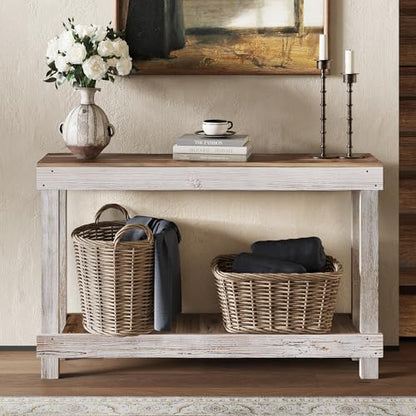 46-Inch Long Console Table, Farmhouse Console Sofa Table, Solid Wood Entryway Table for Hallway, Living Room, Entrance, 2 Tiers, Easy Assembly, Classic White