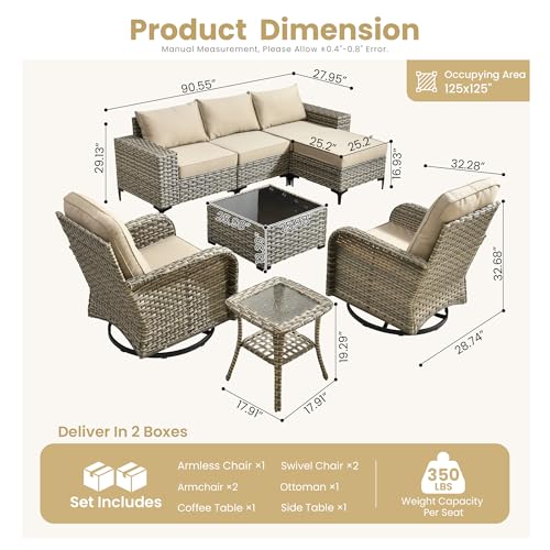 Outdoor Sectional Furniture Set,8 Pieces Wicker Patio Conversation Sets,L Shape All Weather Outside Couch Sofa Set with Swivel Chairs Ottoman,Beige
