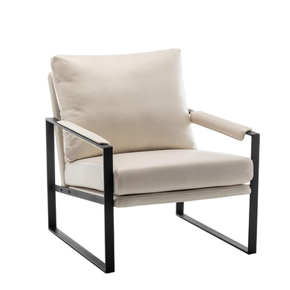 Modern Faux Leather Accent Chair, Upholstered Armchair with Metal Frame, Thick Seat Cushion and Oversized Back Pillow, Easy-Clean Lounge Chair for Living Room, Bedroom, Office and Reception