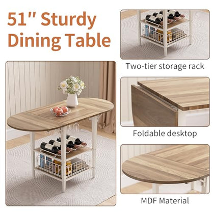 VFK 3 Piece Dining Table Set, 51 Inch Modern Kitchen Folding Breakfast Table with Right Seat Storage Corner Stools and Dining Chairs for Home Dining Room Furniture