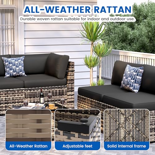 8 Pieces Outdoor Patio Furniture Set with 44" Fire Pit Table Yellow Rattan Sectional Conversation Sets w/Gas Fire Pit, Coffee Table, 1 Waterproof Covers, Black