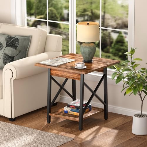 Square End Table 24 Inch with X-Frame 2-Tier Storage | Nightstand for Living Room & Bedroom, Rustic Decor, Sturdy, Waterproof Scratchproof Top, Easy Assembly, Walnut