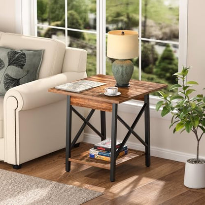 Square End Table 24 Inch with X-Frame 2-Tier Storage | Nightstand for Living Room & Bedroom, Rustic Decor, Sturdy, Waterproof Scratchproof Top, Easy Assembly, Walnut