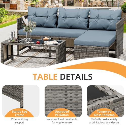 3 Pieces Outdoor Patio Furniture Sets, Wicker Patio Conversation Sets, All Weather Wicker Rattan Patio Seating Sofas with Glass Coffee Table and Cushion, Blue-Gray