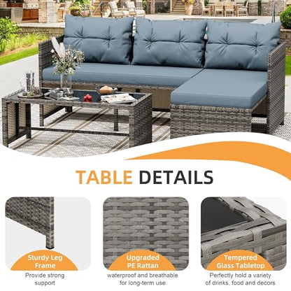 3 Pieces Outdoor Patio Furniture Sets, Wicker Patio Conversation Sets, All Weather Wicker Rattan Patio Seating Sofas with Glass Coffee Table and Cushion, Blue-Gray