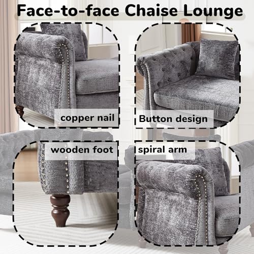 81" Chenille Face-to-face Chaise Lounge, Button Tufted Design Sofa, view 3