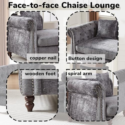 81" Chenille Face-to-face Chaise Lounge, Button Tufted Design Sofa, view 3