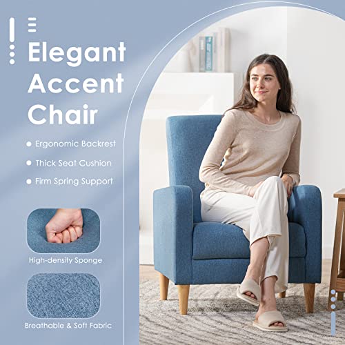 Modern Upholstered Accent Chair Armchair with Pillow, Fabric Reading Living Room Side Chair,Single Sofa with Lounge Seat and Wood Legs, Blue