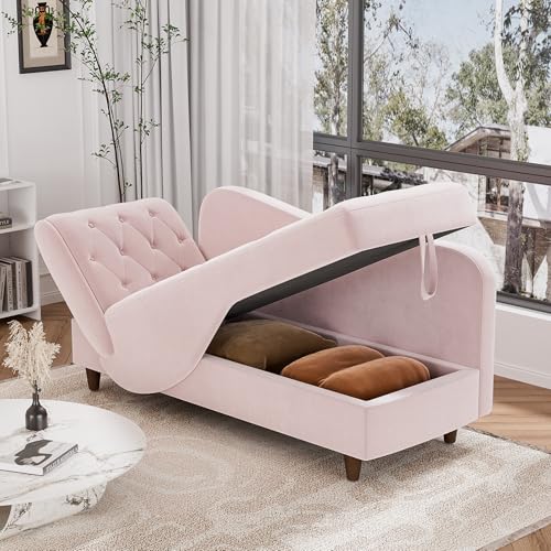 Indoor Velvet Chaise Lounge Chair with Storage for Living Room, Blush Pink, view 5
