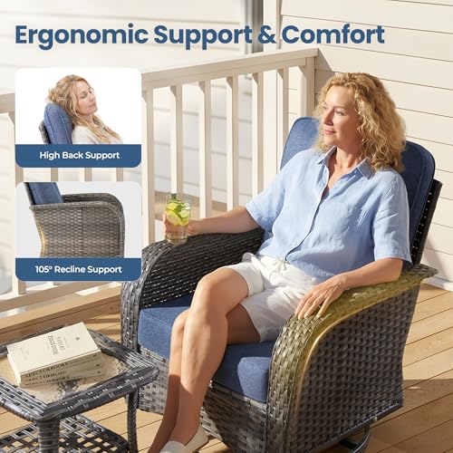 Weaxty Wicker Patio Furniture Set with Swivel Rocker Chairs Outdoor Loveseat Sofa and Rattan Coffee Table, 5 Pieces Outdoor Conversation Sets for Patio Porch Deck Backyard Poolside, Denim Blue
