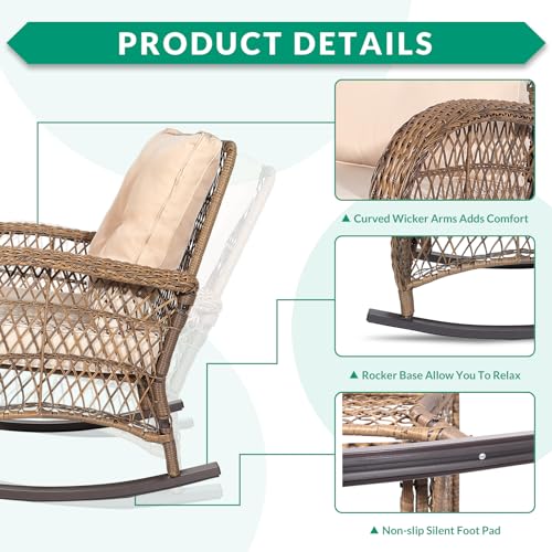Outdoor Wicker Rocking Chair, Patio Rattan Rocker Chair with Cushions & Steel Frame, All-Weather Rocking Lawn Wicker Furniture for Garden Backyard Porch (Beige)