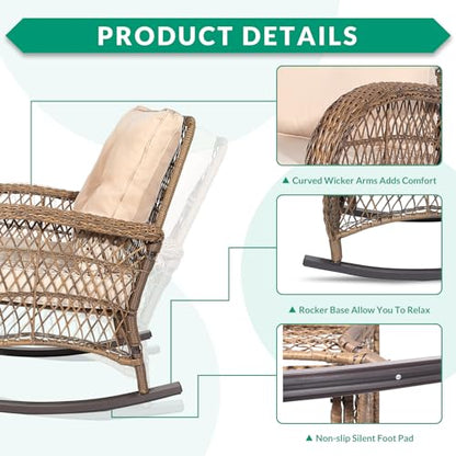 Outdoor Wicker Rocking Chair, Patio Rattan Rocker Chair with Cushions & Steel Frame, All-Weather Rocking Lawn Wicker Furniture for Garden Backyard Porch (Beige)