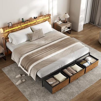 King Size Bed Frame with Wood Headboard,3 Storage Drawers & Shelf, view 5