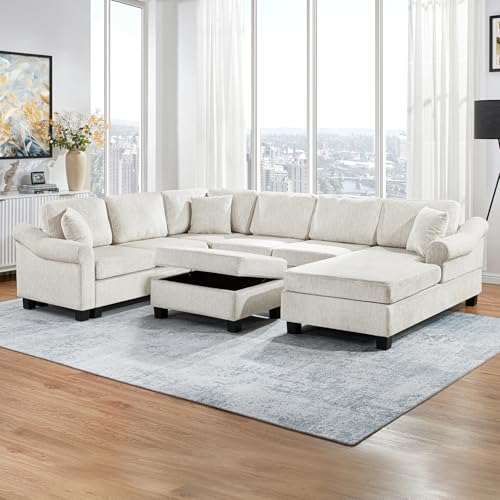 Sectional Sofa 111.8" U Shaped Sofa Chenille Upholstered Sofa Couch with Movable Storage Ottoman for Living Room, White