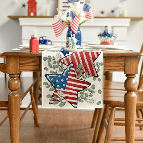 American Flag Stars Eucalyptus 4th of July Table Runner, Memorial Day Kitchen Dining Table Decoration for Home Party Decor 13x72 Inch